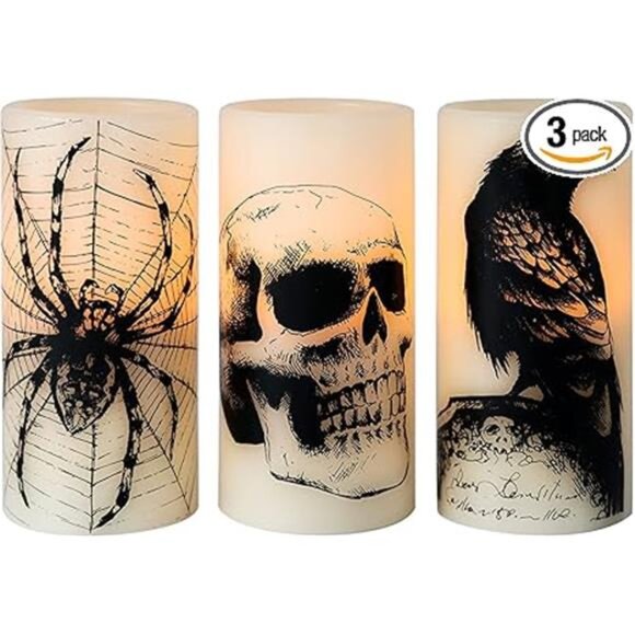 Halloween Flickering Candles with Skull, Spider Web, Crow Raven Decals Set - Picture 7 of 7